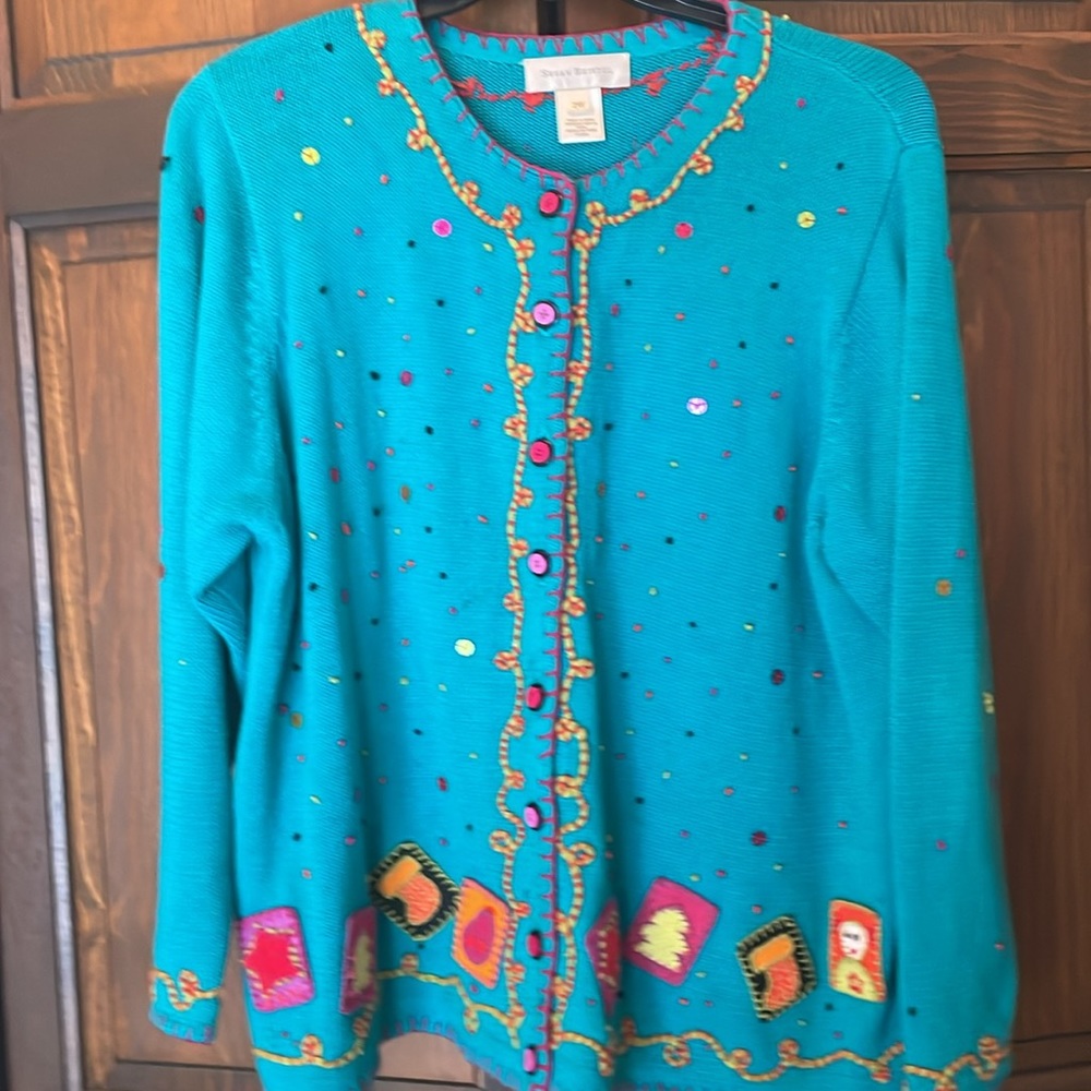 Susan Bristol Plus Size 2X Turquoise Blue Holiday Long Sleeve Cardigan Sweater - Picture 10 of 10